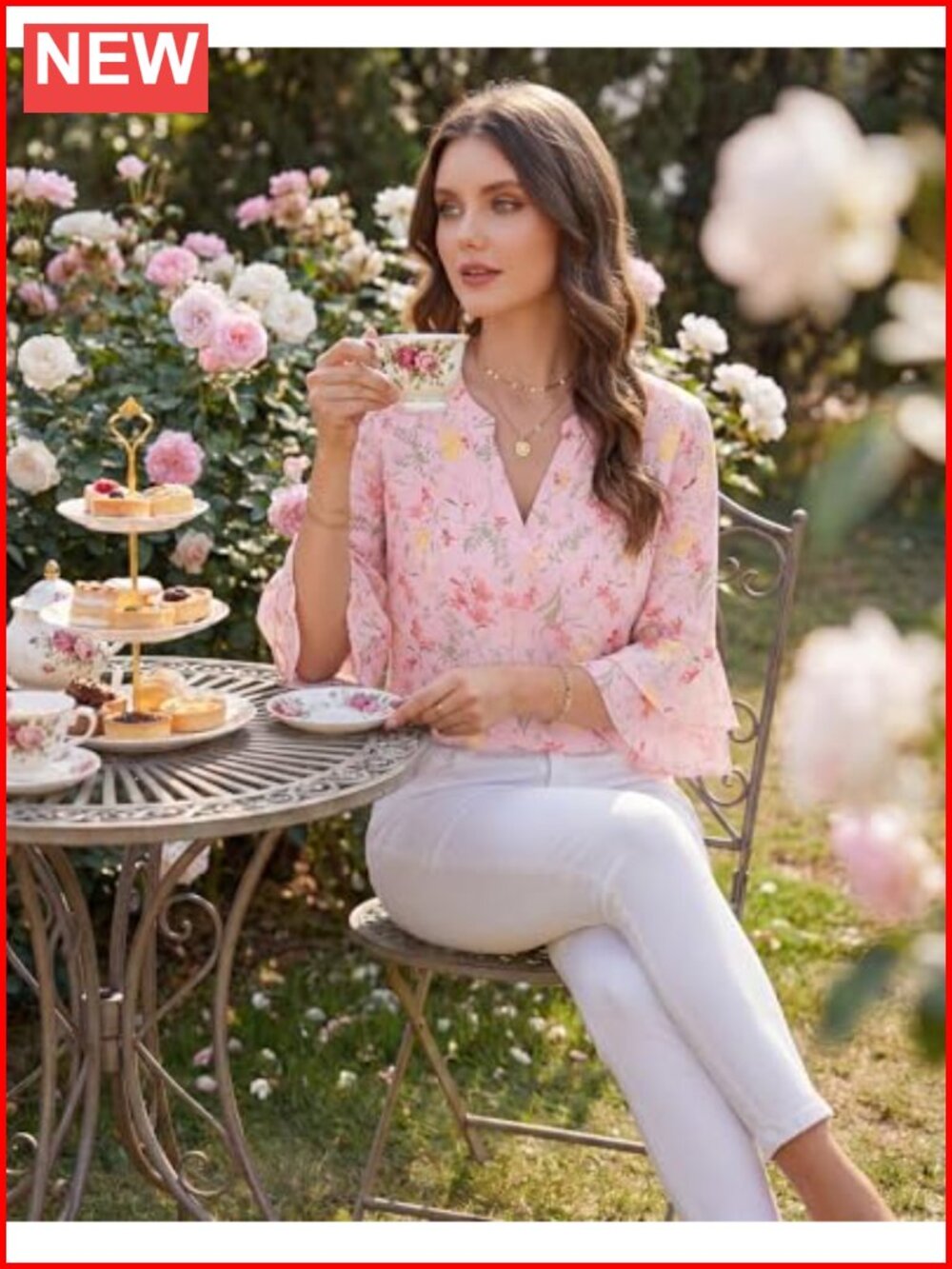 Double Layered Chiffon Tunic Top with 3/4 Flutter Bell Sleeves - Picture 2 of 6